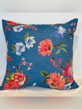 Designer Floral Throw Pillow Cover on Blue Background 20”x 20”